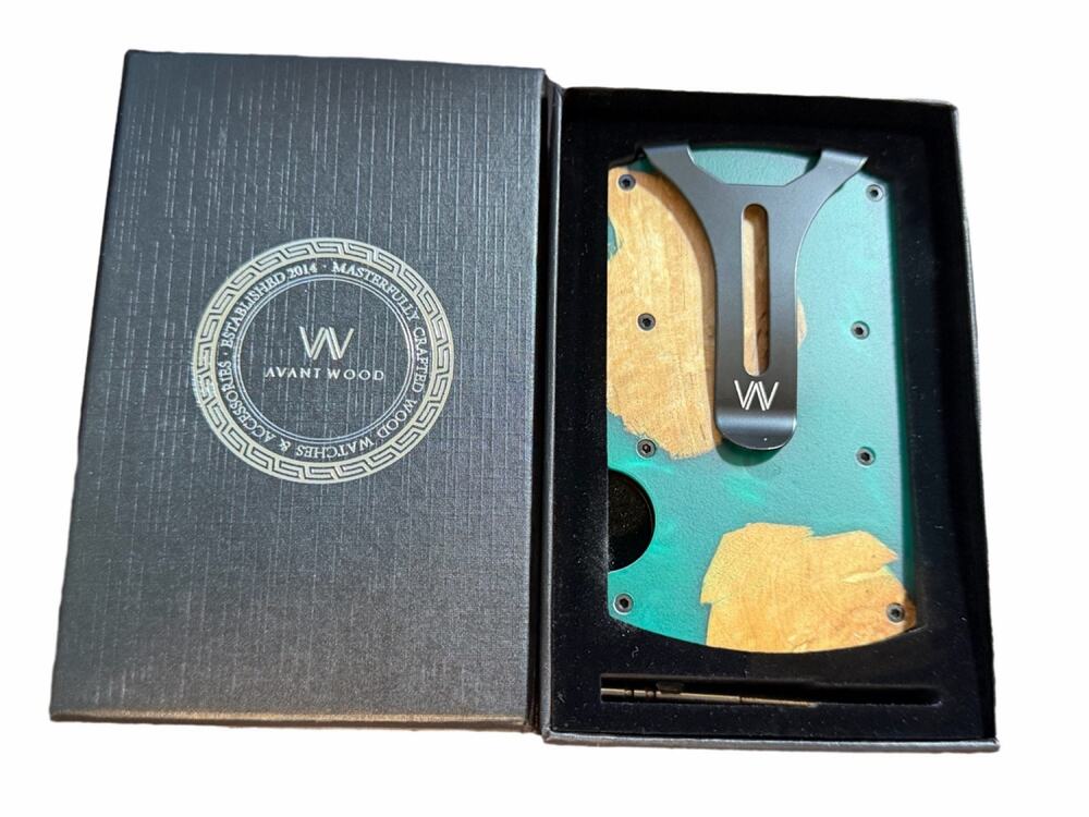 Avant Wood Minimalist Burl Wood & Teal Resin RFID Wallet with Money Clip